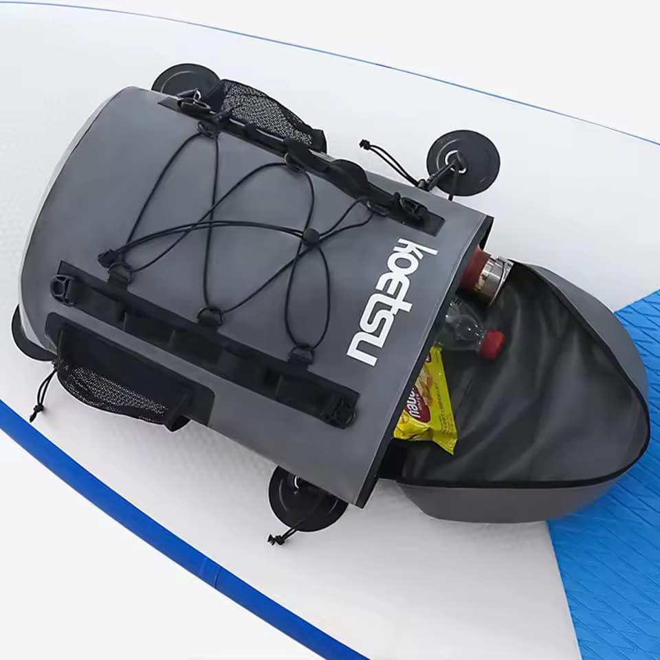 Koetsu 40L Zipper-Top attached to paddleboard with drinks and snacks visible