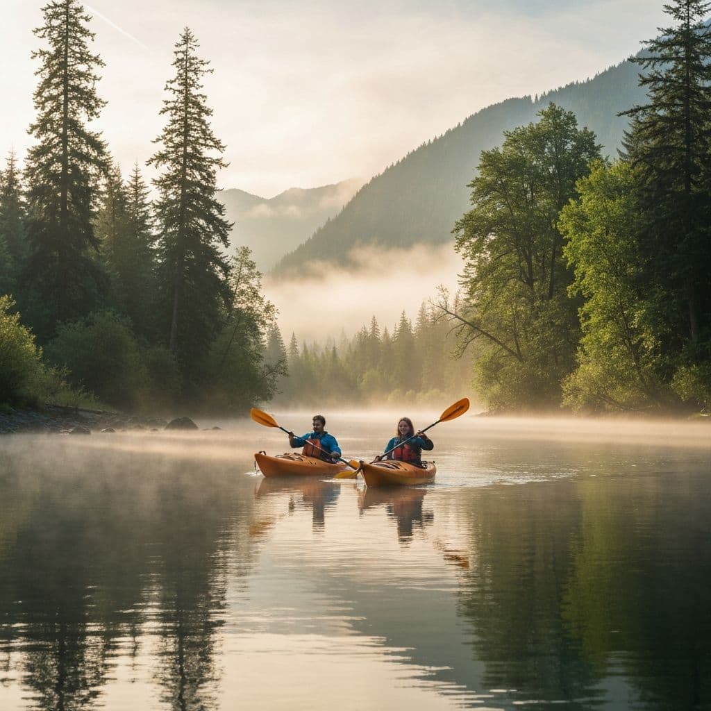 Paddleboard adventure on a misty Pacific Northwest lake